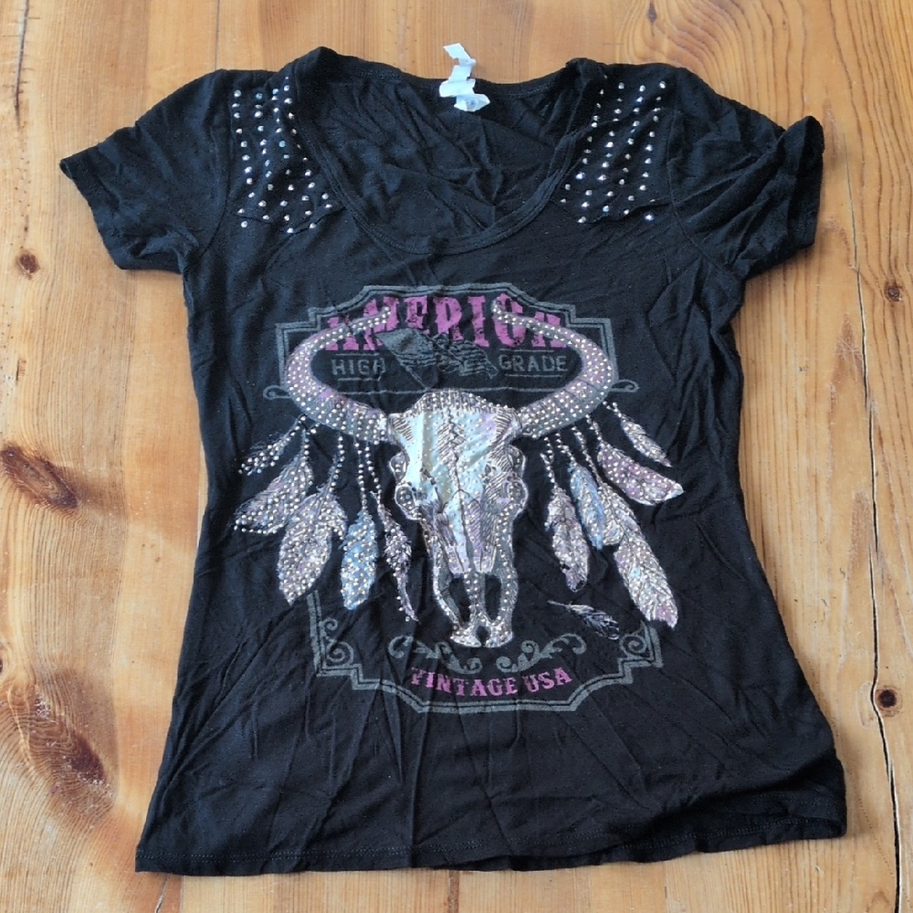 Liberty Black Graphic Tee with Studded Shoulders